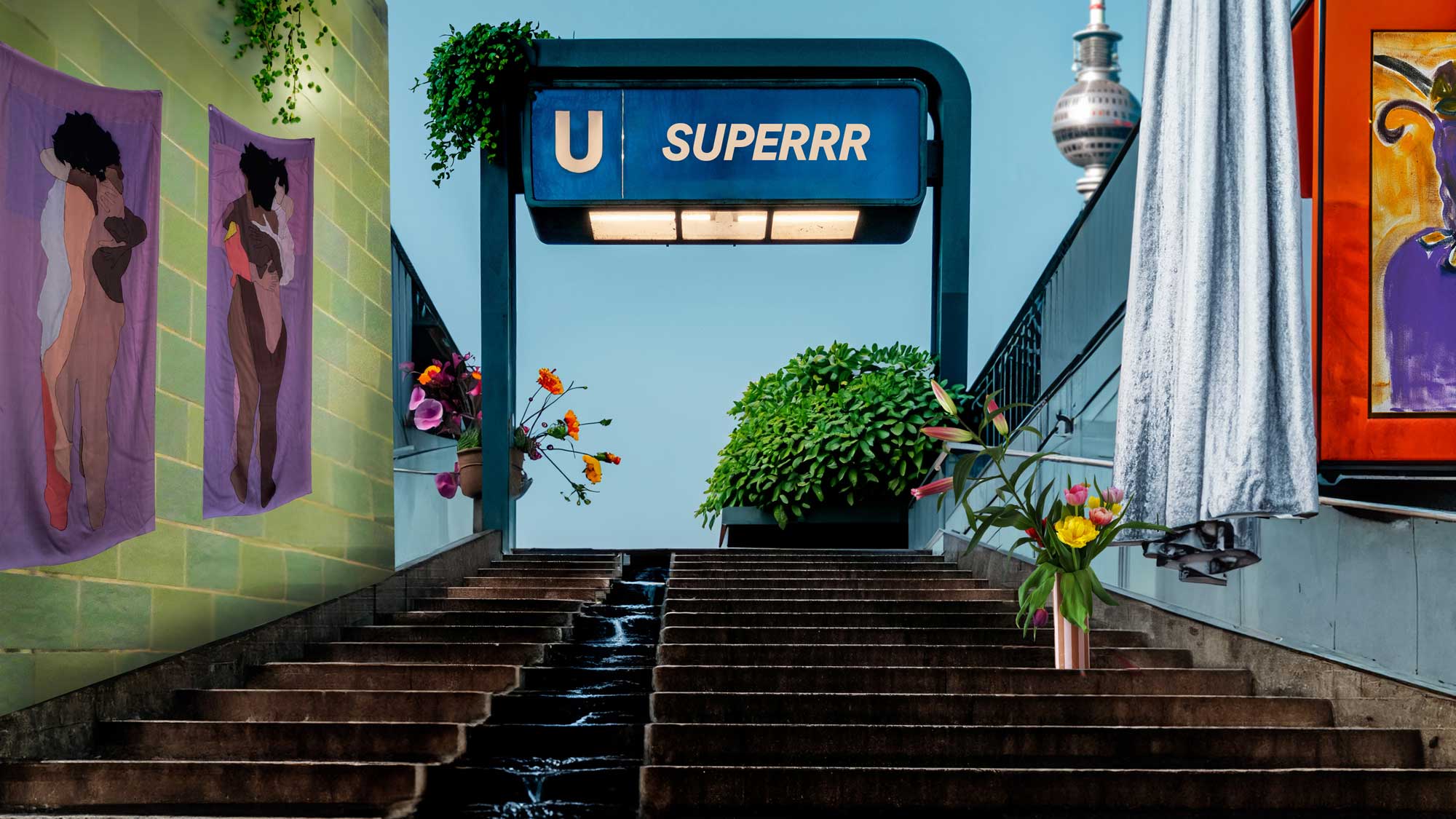 A ubahn entrance with colorful objects