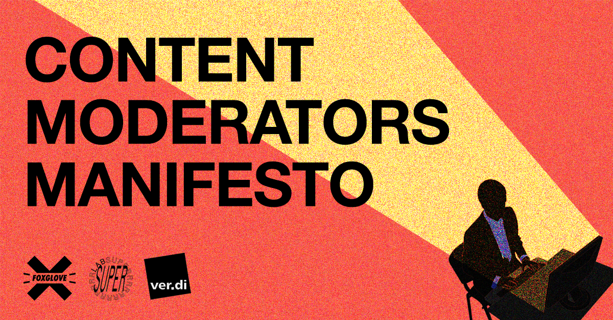 Illustration with a person sitting at a computer in the lower right corner, looking at a screen. The screen emmits light accross the entire illustration to the upper left hand corner, illuminating the words 'Content Moderators Manifesto'
