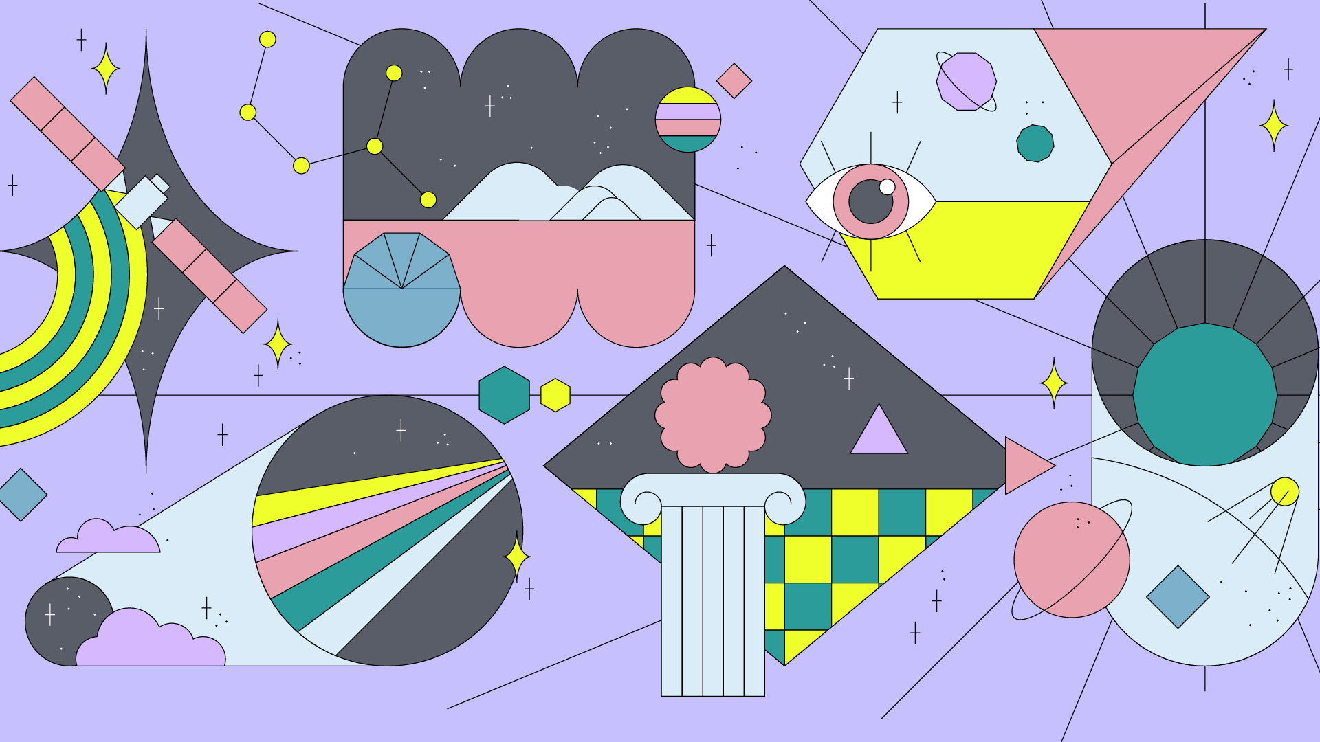 Abstract image with different colorful illustrations that reflect the future