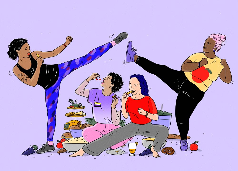 Illustration of people practicing self defense and eating carbs